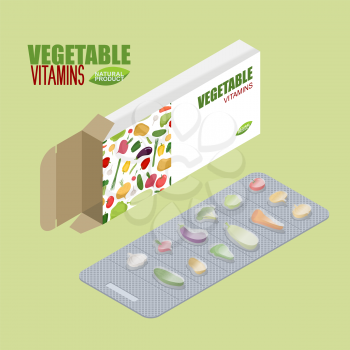 Vegetable pills in pack. Vegetarian vitamins. Diet tablets in box. Natural products for health in form of potatoes and carrots. Cabbage and pepper. Garlic and onions. Cucumber and tomato. vegan medica