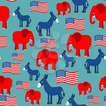 Elephant and Donkey seamless pattern. Texture for election and debate in America. Democrat donkey and Republican elephant and American flag. Political background. patriotic ormanent