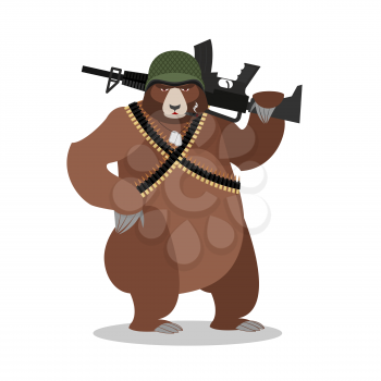 Military Bear with rifle. Grizzlies with gun. Wild beast and machine-gun tape. Animal soldiers. Army style. Soldiers badge and helmet