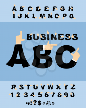 Business Hand font. Pointing finger alphabet. Businessman arm alphabet. Finger points to typography

