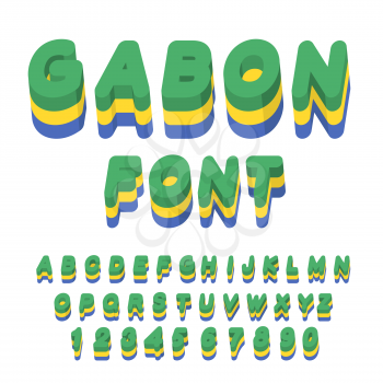 Gabon font. Gabonese flag on letters. National Patriotic alphabet. 3d letter. State color symbolism of state in Central Africa