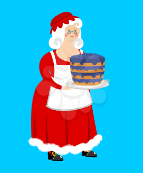 Mrs. Claus and blueberry cake. Wife of Santa Claus and dessert. Christmas woman in red dress and white apron. Xmas feale
