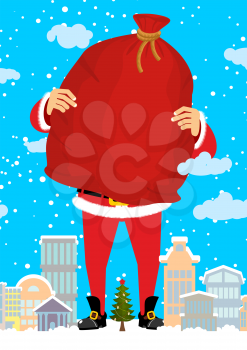 Santa Claus in city carry bag of gifts. Christmas in town. Snow and buildings. High Santa and big red sack walking down street. New Year card. Xmas template design
