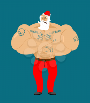 Hipster Claus with tattoos. Strong Santa with beard and mustache. Christmas and New Year illustration
