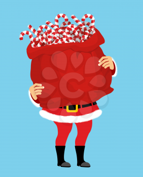 Santa Claus and bag of Candy cane. peppermint lollipop. Christmas sack and mint stick. New Year candy. Xmas template