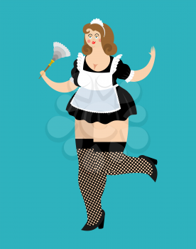 Maid Sexy girl. sensual cleaning lady. black lingerie and stockings. Stockings and Slender legs. Suit for sex games. Smiling woman cleaning classic shape with duster. Cartoon temptress  in short dress