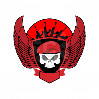 Military emblem Skull in beret.  Wings and weapons. Army logo. Soldiers badge. Eagle and guns. Awesome sign for troops. blazon commando