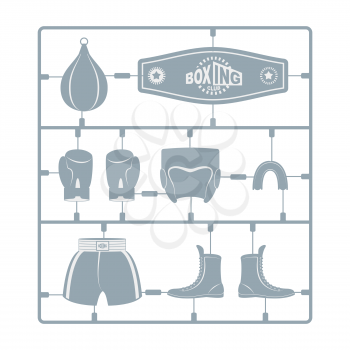 Boxing set Plastic Model kit. Collection champion. Gloves and protective helmet. Sports shorts and cap. punching bag and winner belt. 

