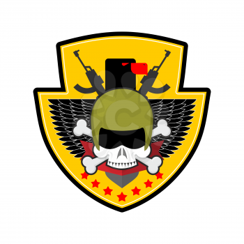 Military emblem. Army logo. Soldiers badge. Skull in beret. Wings and weapons. Eagle and guns. Awesome sign for troops. blazon commando