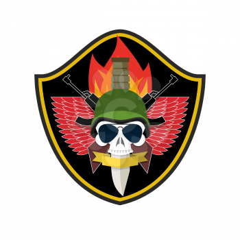 Army logo Skull. Soldiers badge. Military emblem. Wings and weapons. Eagle and guns. Awesome sign for troops. blazon commando
