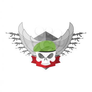 Army logo Skull. Soldiers badge. Military emblem. Wings and weapons. Eagle and guns. Awesome sign for troops. blazon commando