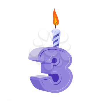 3 years birthday. Number with festive candle for holiday cake. three Anniversary