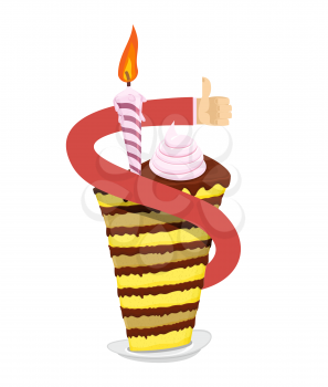 Birthday piece of cake. Hand thumb up. Great sweets. Confectionery products for holiday. Dessert and candle on plate
