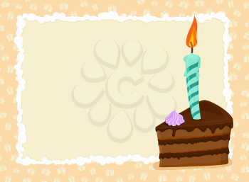 Birthday card. Piece of cake and candle. Holiday greeting template
