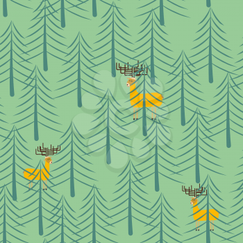 Forest and deer seamless pattern. Trees and elk cartoon style background. Texture of fabrics for children
