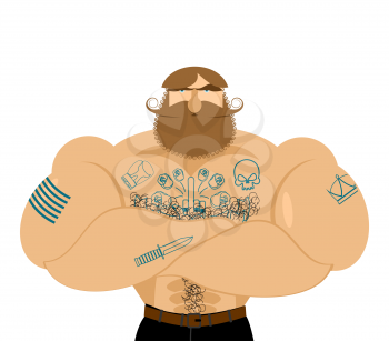 Hipster beard and tattoos. Mustachioed brutal man. Strong muscles serious male
