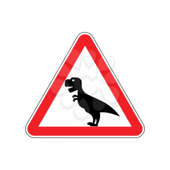 Attention dinosaur. Sign warning of dangerous predator reptile. Danger road sign red triangle. Tyrannosaurus on way. Big monster predator

 