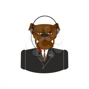 Pet call center. Dog with headset. Bulldog feedback from customers. Customer Service
