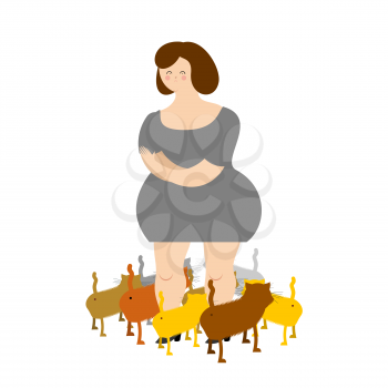 Sad woman with cats. Many pets. Illustration of sadness and loneliness
