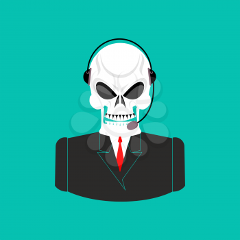 Death call center. Skull with headset. Skeleton feedback operator with clients. afterlife Customer Service
