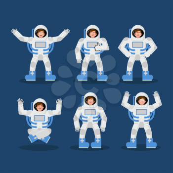 Astronaut set of movements. spaceman set of poses. Cosmonaut expression of emotion. Cheerful and surprised. Angry and happy
