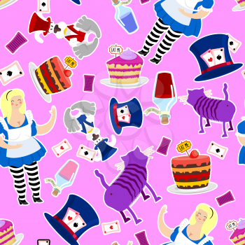 Alice in Wonderland pattern. Fat woman and Cheshire cat. Rabbit in hat. Cylinder is Mad Hatter. Magic Potion and piece of cake
