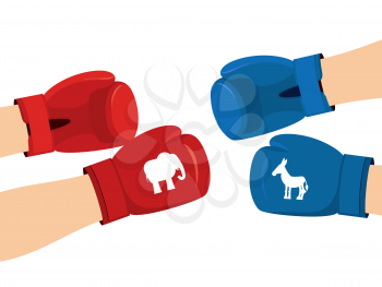 Elephant and Donkey boxing gloves. Symbols of USA political party. American Democrat versus Republican. Elections in United States. Battle for votes
