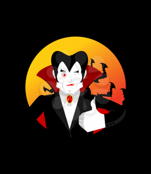 Dracula Thumbs up shows well. Vampire winks. Sign all right. Jolly Good ghoul. Mimicry smile on his face. Gesture hands okay. Illustration for halloween. Bats and bloody moon
