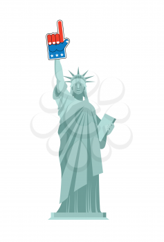 Statue of Liberty and foam finger. Landmark US keeps on hand sports sign. Patriotic America illustration
