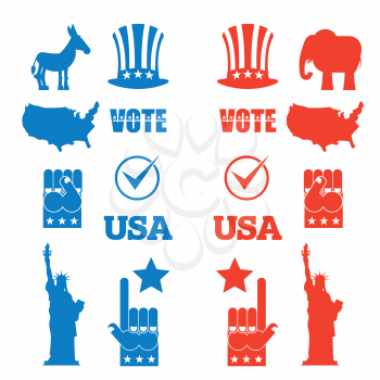 American Elections icon set. Republican elephant and Democratic donkey. Symbols of political parties in America. Statue of Liberty and USA map. Fist and Uncle Sam hat
