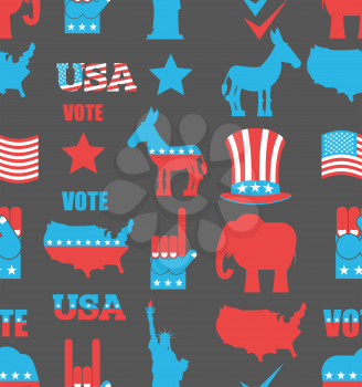 American Elections seamless pattern. Republican elephant and Democratic donkey ornament. Symbols of political parties in America bacground. Statue of Liberty and USA map. Fist and Uncle Sam hat. Naion