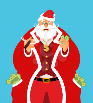 Rich Santa Claus and lot of money. Pocketful of cash. Earnings for Christmas. Cool old man with cigar after work. Xmas income. New Year emolument wealth