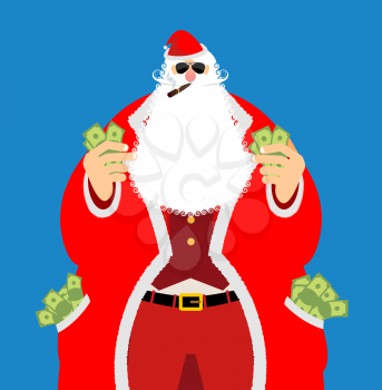 Rich Santa Claus and lot of money. Pocketful of cash. Earnings for Christmas. Cool old man after work. Xmas income. New Year emolument wealth
