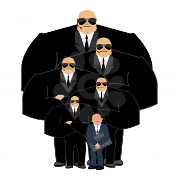 Businessman with bodyguards. VIP protection. Black suit and hands-free. Strong Security on white background. customer protection and professional team work
