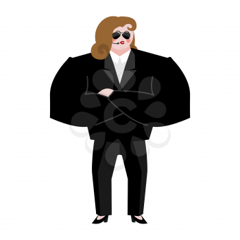 Female Bodyguard. Strong Woman guard at  nightclub. Black suit and hands-free. Lady Security on white background. protection and professional teamwork
