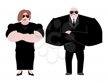 Bodyguard Marrieds family. husband and wife in Black suit and hands-free. Security newlyweds. spouses Protection and professional teamwork. couple Strong guard at nightclub.