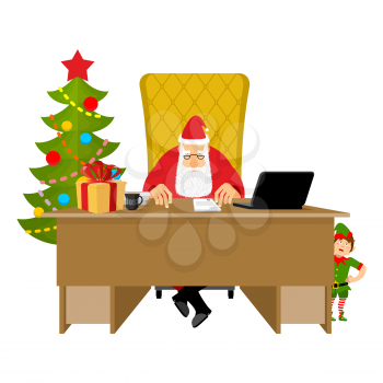 Santa Claus Office. Christmas work. Desk and chair boss. Grandpa director of new year. Cheerful elf. Santas Magic Residence at North Pole. Workplace and red gift bag.  fir-tree. Workplace and red sack