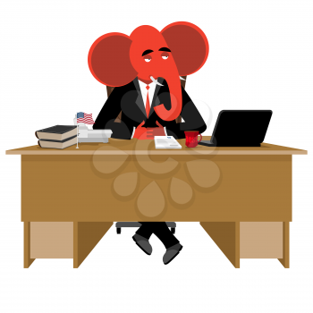 Red Elephant Republican sitting in office. Animal boss at table. Symbol of United States political parties. Illustration for presidential elections in America. Animal businessman diplomat