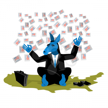 Blue Donkey Democrat meditates to vote in elections on USA map. Symbol of United States political parties. Illustration for presidential elections in America. Animal businessman diplomat