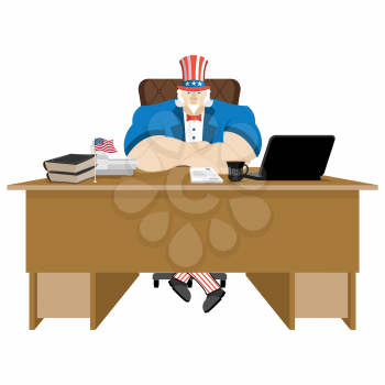 American patriot boss. Uncle Sam sitting in office. Businessman from United States at table. Workplace supervisor. Director desktop. Laptop and phone. Cup of coffee and Chair. Flag USA

