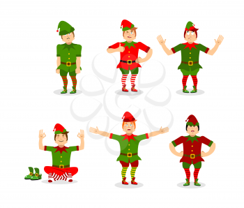 Elf Christmas set poses. Various movements assistant of Santa Claus. Surprised and sleep little man in green suit. XMAS yoga. Aggressive and good character for new year