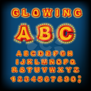 Glowing ABC. Light font. Retro Alphabet with lamps. font pointer with light bulb. Vintage Glittering lights lettering
