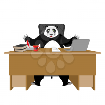 Chinese boss. Panda sitting in an office. Businessman from China at desk. National folk chief. Beast  leader. Workplace supervisor. Director desktop. Laptop and phone. Cup of coffee and Chair