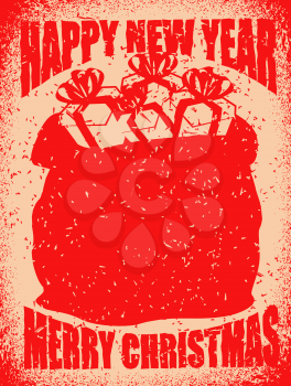 Merry Christmas bag with gifts. Big red sack of Santa Claus in grunge style. Spray and scratches. Noise and brush strokes. Printing for the New Year
