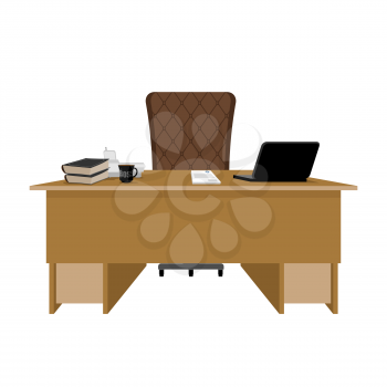 Business office. Boss table. leader supervisor. Director desktop. Laptop and phone. Cup of coffee and Chair. chief job
