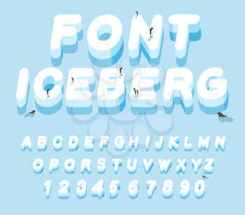 Iceberg font. 3D letters of ice. Ice alphabet letter. ABC of snow. Large cold ice. Penguins Animals of the Arctic. Animals Antarctica. Walruses and seals inocean. Flora of North Pole