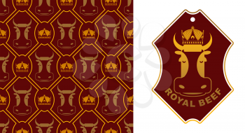 Royal Beef logo. Cow in crown. Excellent quality meat. Logo for farming and meat production. Farm animals and diadem pattern