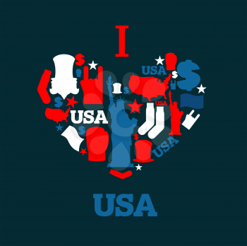 I love America. Sign heart of USA traditional folk characters. Map of country and United States flag. Statue of Liberty and Uncle Sam. Dollar and star. National patriotic American emblem