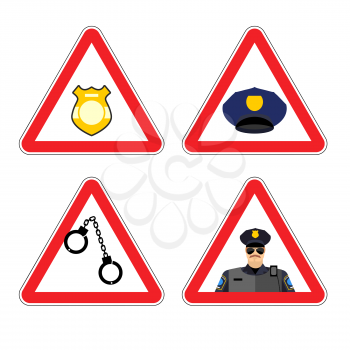 Warning sign police attention. Dangers yellow sign detention. badge and cap. Set road sign against cop. policeman caution