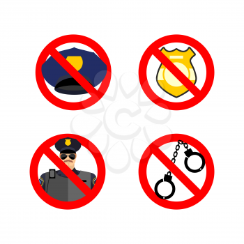 Stop cop set icon. It is forbidden by police. Strikethrough policeman. Emblem against servants of law. Police badge and cap. Red prohibition sign. Ban officer action.
